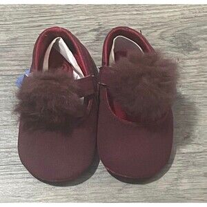 Valen Sina Burgundy Faux-Fur Pom-Pom Mary Jane Crib Shoes New with Tags